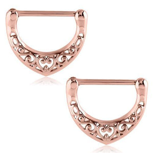 14g Rose Gold Plated Filigree Heart Nipple Clickers - Tulsa Body Jewelry