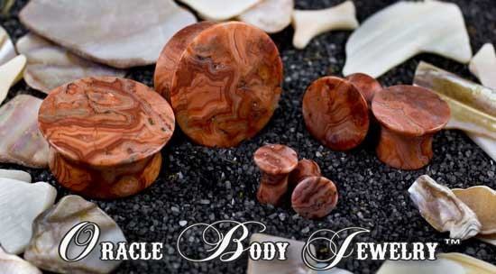 Crazy Lace Agate Mayan Plugs by Oracle Body Jewelry