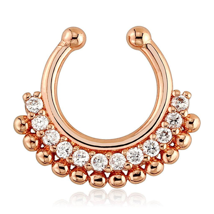 Paved Gem Fan Rose Gold Plated Non-Piercing Septum Ring